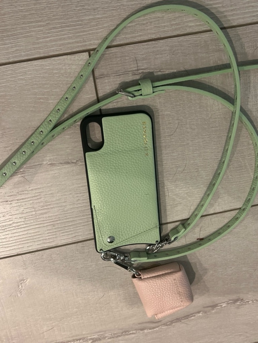 Bandolier Mint Green Leather pebble texture Crossbody Phone case